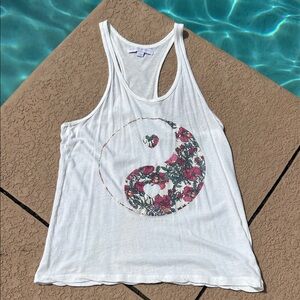 Spiritual Gangster White Tank with Floral Yin-Yang Graphic
